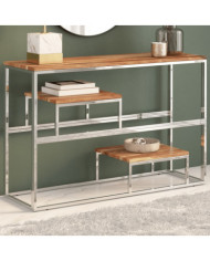 Table console argenté acier inoxydable et bois massif d'acacia | Mobilier & Déco