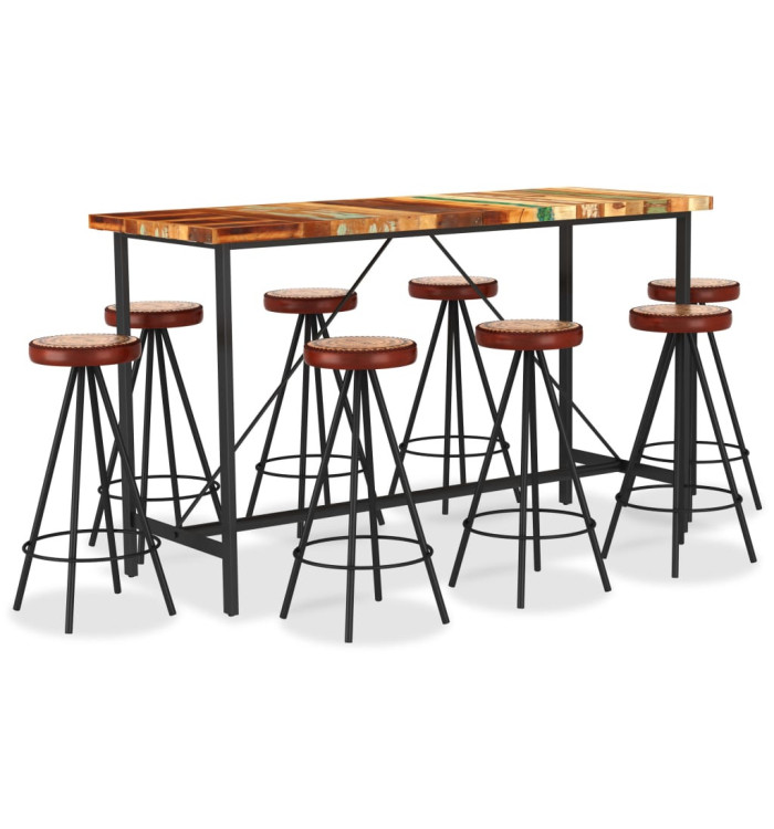 Ensemble de bar 9 pcs Bois de récupération et cuir véritable | Mobilier & Déco