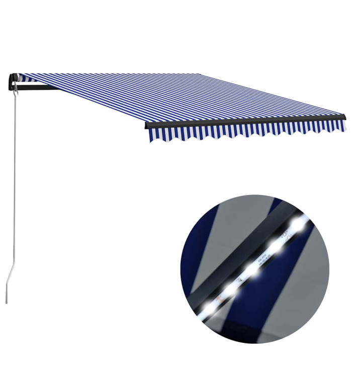 Auvent manuel rétractable avec LED 350x250 cm Bleu et blanc | Mobilier & Déco