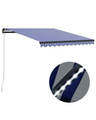 Auvent manuel rétractable avec LED 350x250 cm Bleu et blanc | Mobilier & Déco