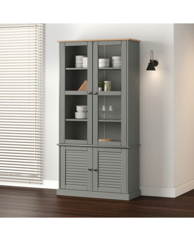 Vitrine en verre VIGO gris 85x35x170 cm bois massif de pin | Mobilier & Déco