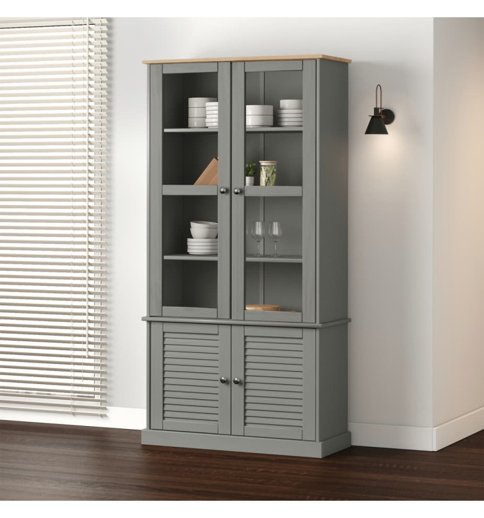 Vitrine en verre VIGO gris 85x35x170 cm bois massif de pin | Mobilier & Déco