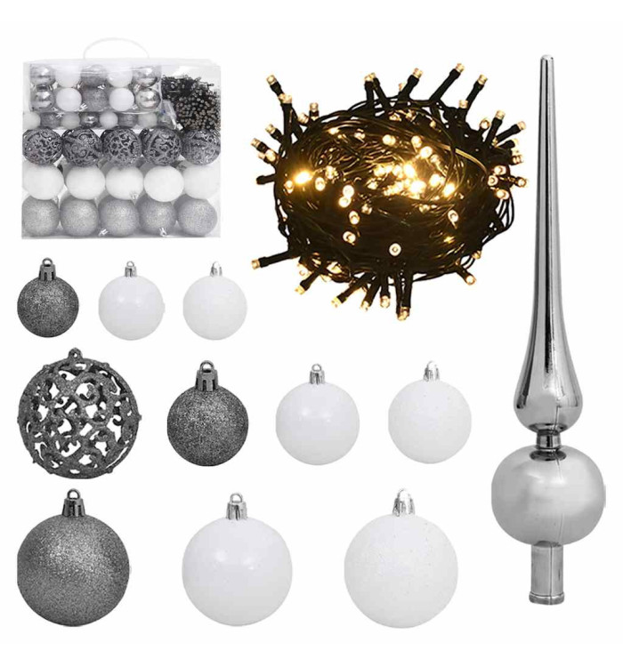 Set de boules de Noël avec pic et 300 LED 120pcs Blanc et gris | Mobilier & Déco