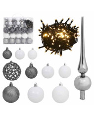 Set de boules de Noël avec pic et 300 LED 120pcs Blanc et gris | Mobilier & Déco