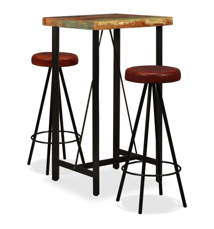 Ensemble de bar 3 pcs Bois massif recyclé et cuir véritable | Mobilier & Déco