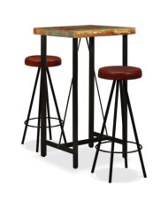 Ensemble de bar 3 pcs Bois massif recyclé et cuir véritable | Mobilier & Déco