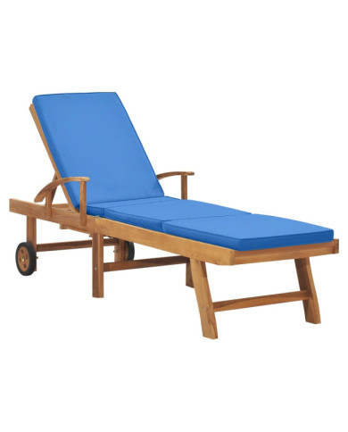 Chaise longue avec coussin Bois de teck solide Bleu | Mobilier & Déco