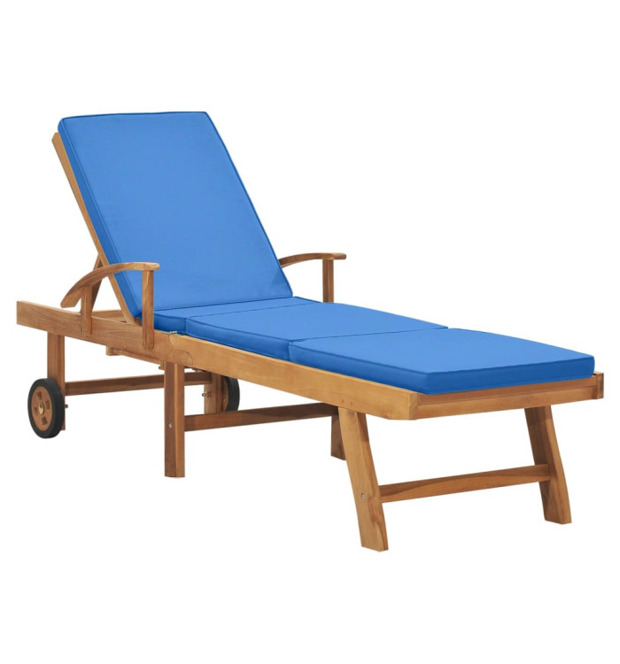 Chaise longue avec coussin Bois de teck solide Bleu | Mobilier & Déco