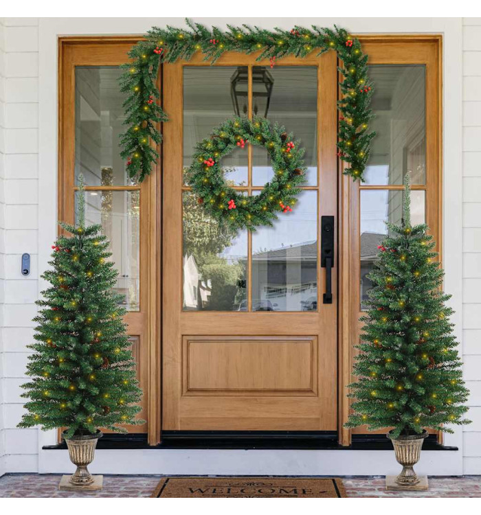 Arbres de Noël artificiels 2 pcs et couronne, guirlande et LED | Mobilier & Déco