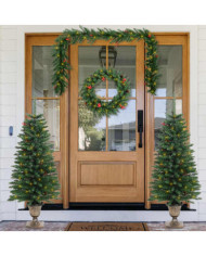 Arbres de Noël artificiels 2 pcs et couronne, guirlande et LED | Mobilier & Déco