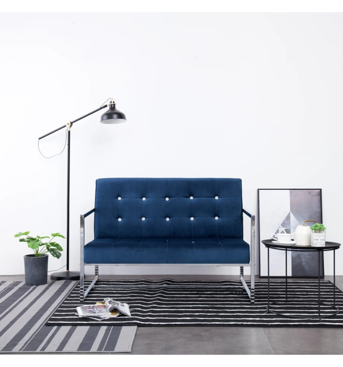 Canapé 2 places avec accoudoirs Bleu Chrome et velours | Mobilier & Déco