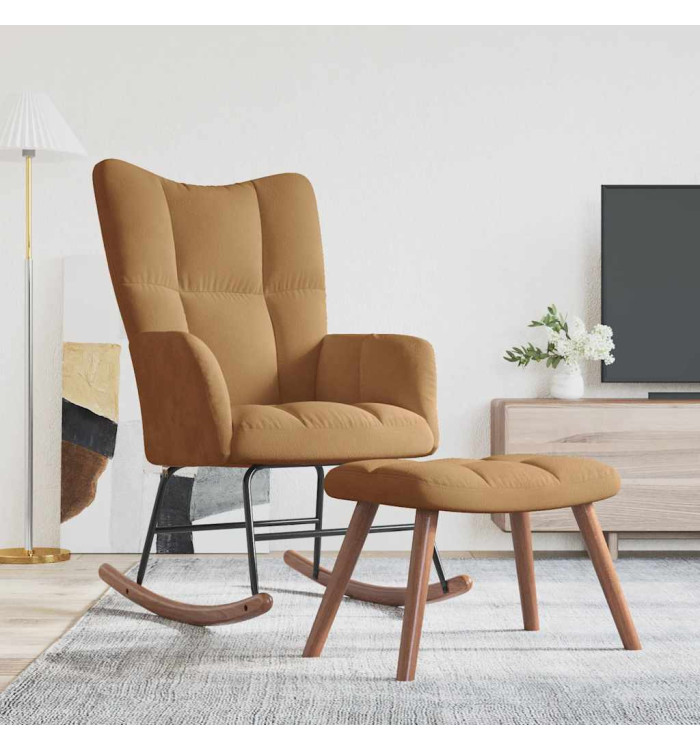 Chaise à bascule avec repose-pied Marron Velours | Mobilier & Déco