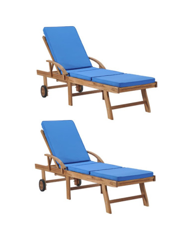 Chaises longues avec coussins 2 pcs Bois de teck solide Bleu | Mobilier & Déco