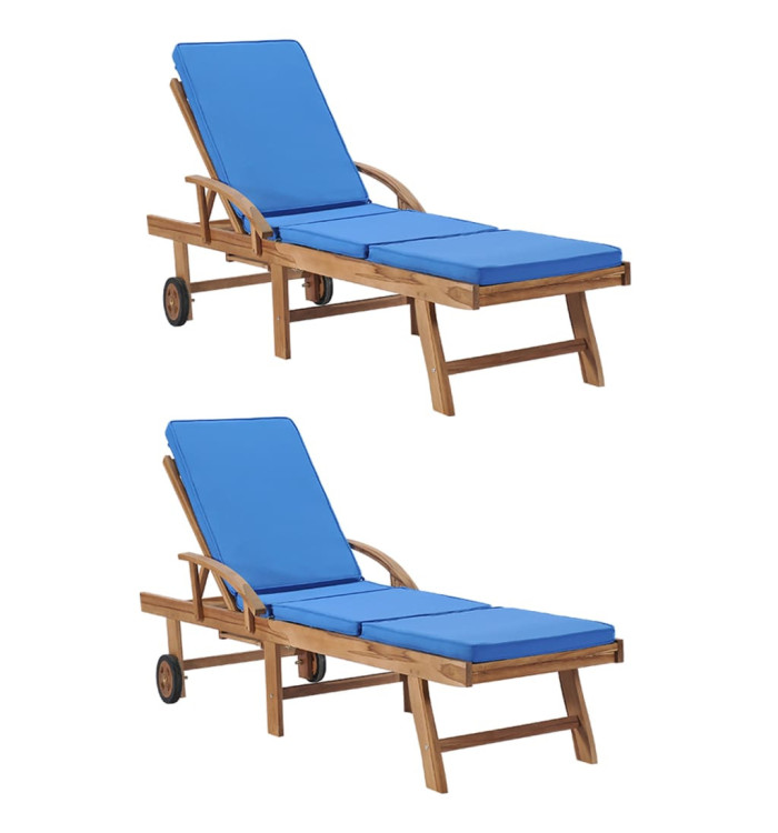Chaises longues avec coussins 2 pcs Bois de teck solide Bleu | Mobilier & Déco