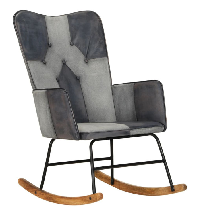 Chaise à bascule Gris Cuir véritable et toile | Mobilier & Déco