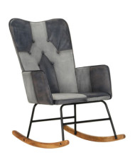 Chaise à bascule Gris Cuir véritable et toile | Mobilier & Déco