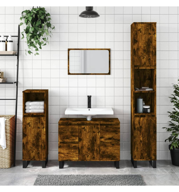 Armoire de bain chêne fumé 30x30x100 cm bois d'ingénierie | Mobilier & Déco