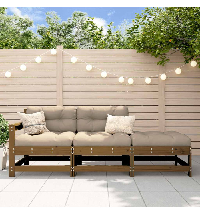 Salon de jardin 3 pcs avec coussins marron miel bois massif | Mobilier & Déco