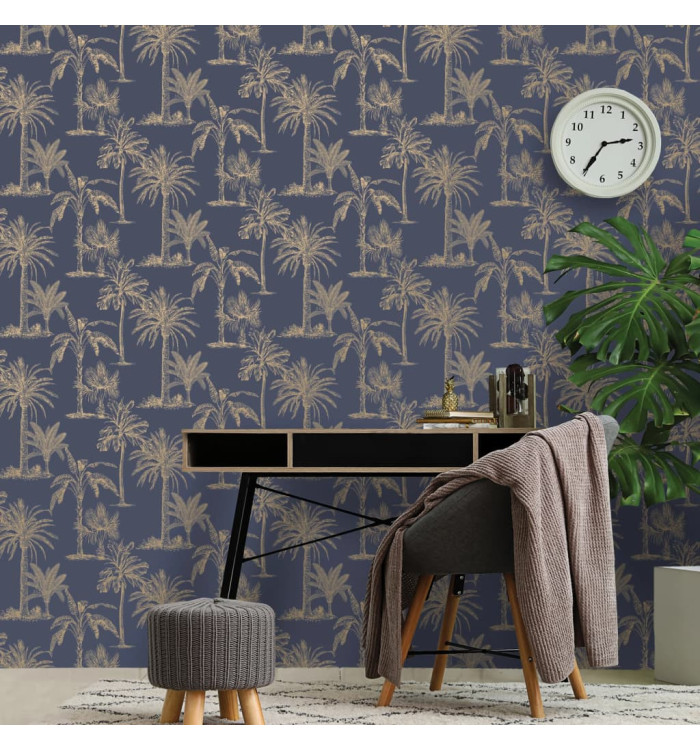 DUTCH WALLCOVERINGS Papier peint Arbres tropicaux Bleu et argenté | Mobilier & Déco