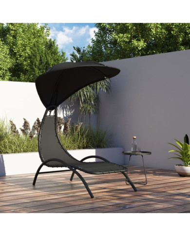 Chaise longue avec auvent noir 167x80x195 cm tissu et acier | Mobilier & Déco