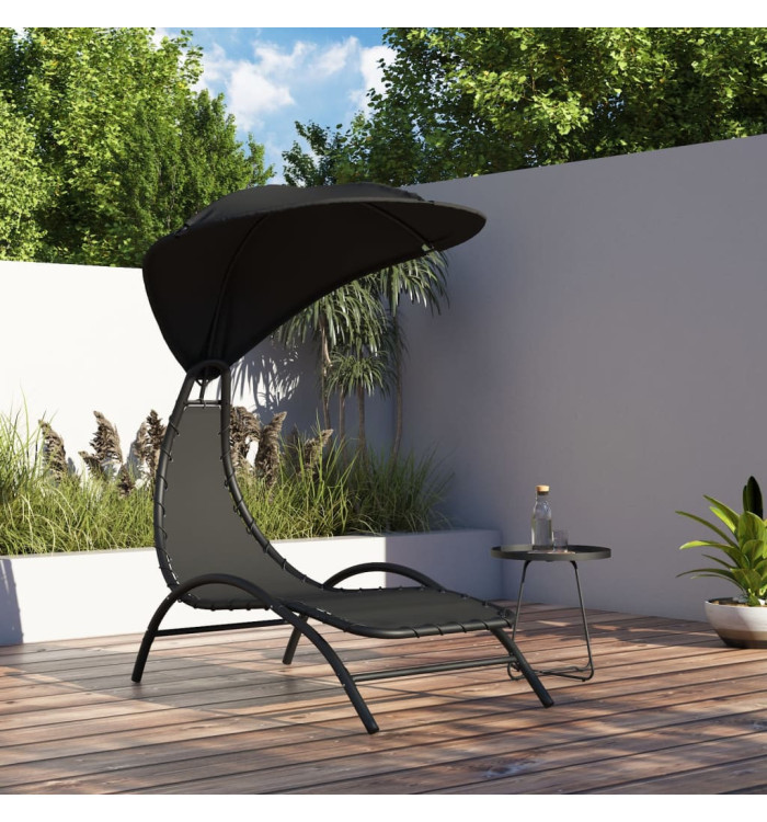 Chaise longue avec auvent noir 167x80x195 cm tissu et acier | Mobilier & Déco