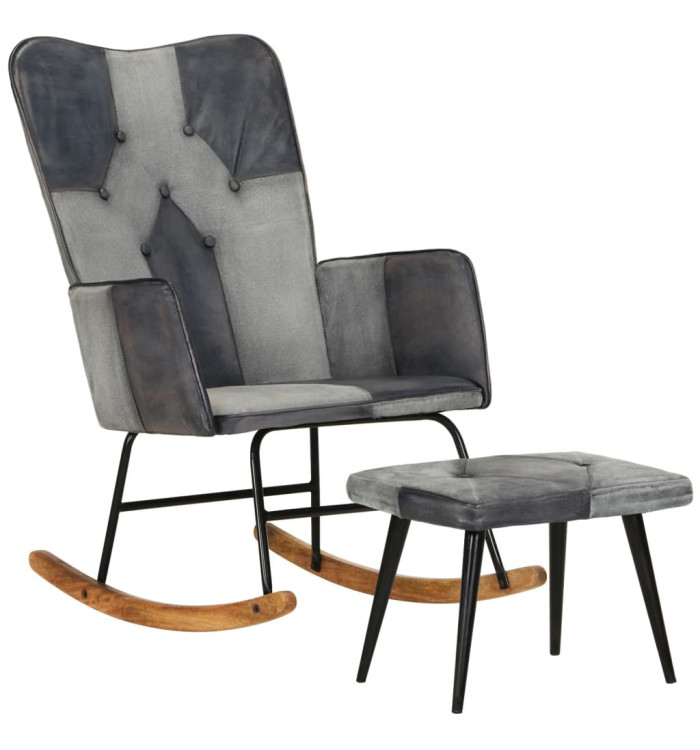 Chaise à bascule et repose-pieds Gris Cuir véritable et toile | Mobilier & Déco