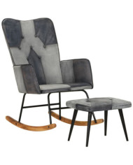Chaise à bascule et repose-pieds Gris Cuir véritable et toile | Mobilier & Déco
