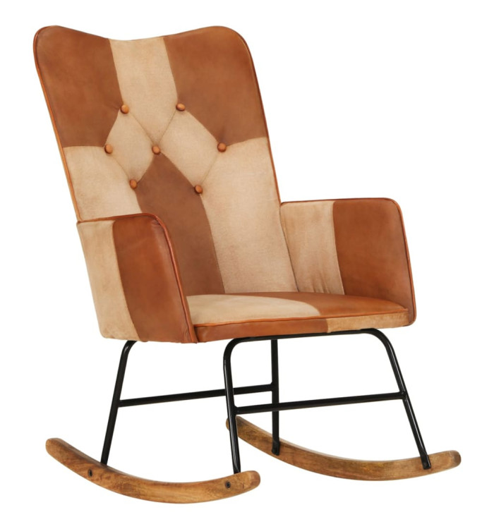 Chaise à bascule Marron Cuir véritable et toile | Mobilier & Déco
