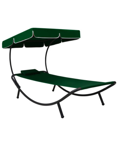 Chaise longue de jardin avec auvent et oreiller vert | Mobilier & Déco