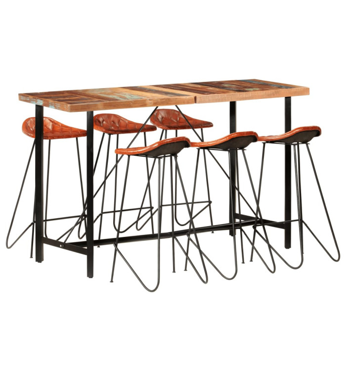 Ensemble de bar 7 pcs Bois de récupération et cuir véritable | Mobilier & Déco