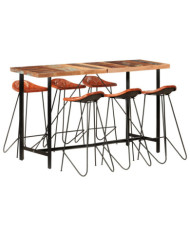 Ensemble de bar 7 pcs Bois de récupération et cuir véritable | Mobilier & Déco