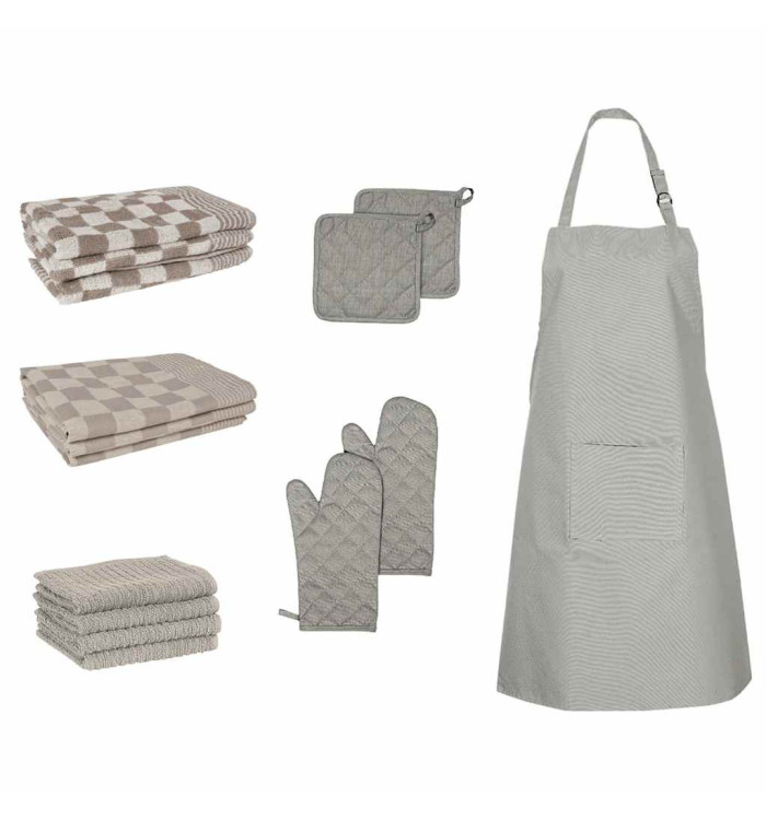 Ensemble de serviettes et gants de four porte-pots 15 pcs gris | Mobilier & Déco