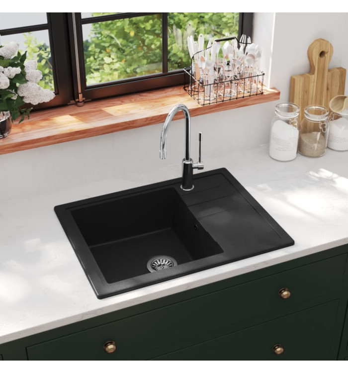 Évier de cuisine avec trou de trop-plein ovale Noir Granit | Mobilier & Déco
