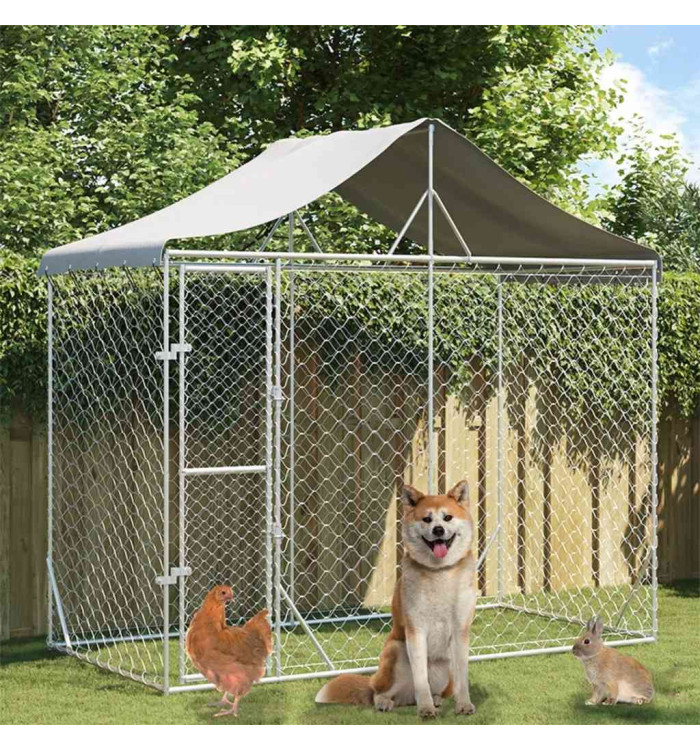 Chenil d'extérieur pour chiens avec toit argenté 3x1,5x2,5 m | Mobilier & Déco