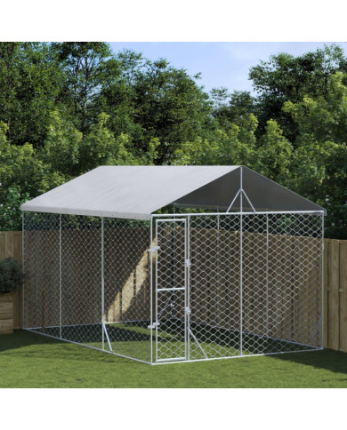 Chenil d'extérieur pour chiens avec toit argenté 3x4,5x2,5 m | Mobilier & Déco