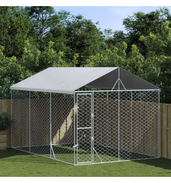 Chenil d'extérieur pour chiens avec toit argenté 3x4,5x2,5 m | Mobilier & Déco