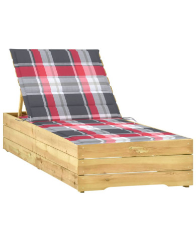 Chaise longue avec coussin carreaux rouge Bois de pin imprégné | Mobilier & Déco