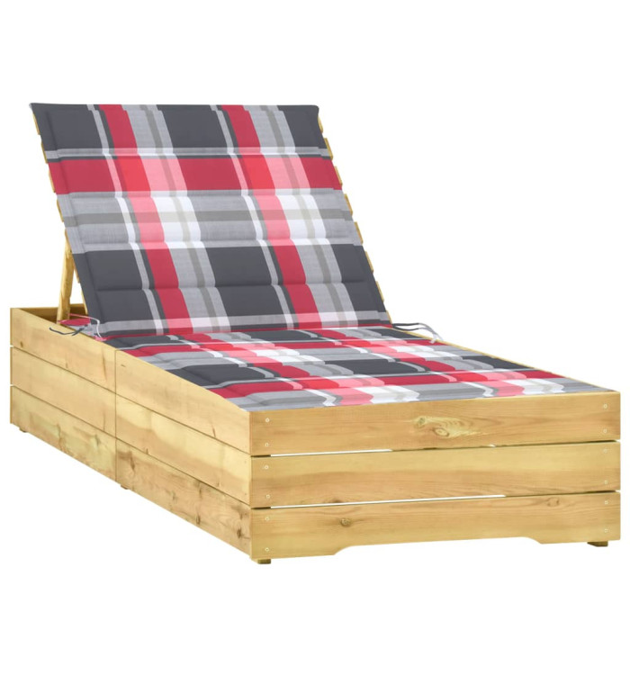 Chaise longue avec coussin carreaux rouge Bois de pin imprégné | Mobilier & Déco