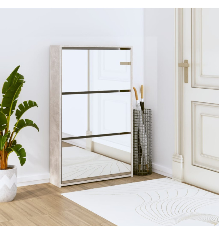 Armoire à chaussures miroir 3 niveaux Gris béton 63x17x102,5 cm | Mobilier & Déco