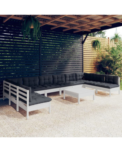 Salon de jardin 11 pcs avec coussins blanc bois de pin solide | Mobilier & Déco