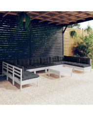 Salon de jardin 11 pcs avec coussins blanc bois de pin solide | Mobilier & Déco
