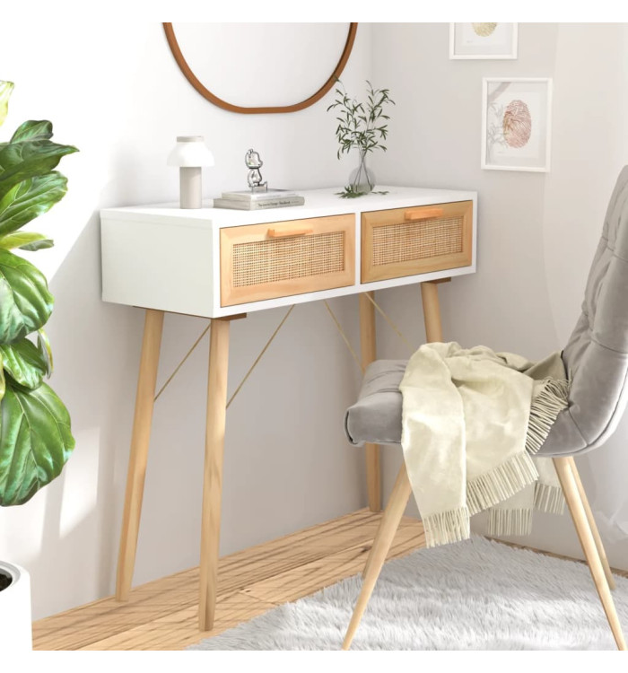 Table console Blanc 80x30x75 cm Bois massif pin /rotin naturel | Mobilier & Déco