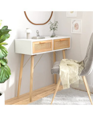 Table console Blanc 80x30x75 cm Bois massif pin /rotin naturel | Mobilier & Déco