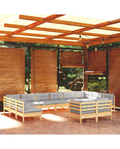 Salon de jardin 11 pcs avec coussins gris Bois de pin solide | Mobilier & Déco