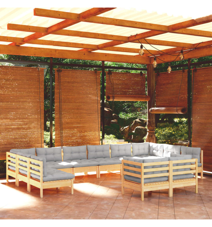 Salon de jardin 11 pcs avec coussins gris Bois de pin solide | Mobilier & Déco
