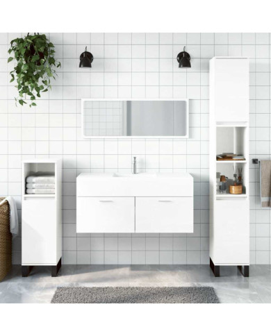 Armoire de bain avec miroir blanc brillant bois d'ingénierie | Mobilier & Déco