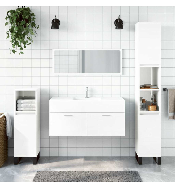 Armoire de bain avec miroir blanc brillant bois d'ingénierie | Mobilier & Déco