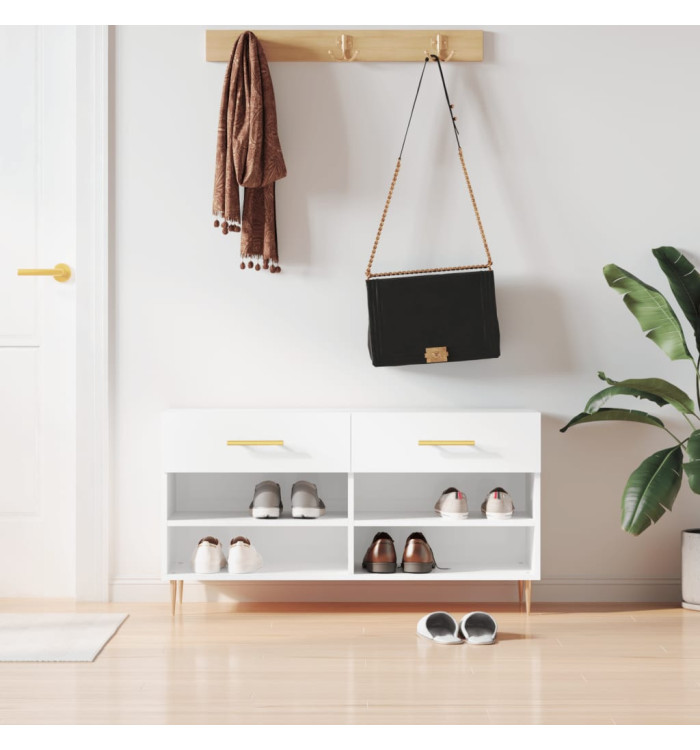 Banc à chaussures blanc brillant 102x35x55 cm bois d'ingénierie | Mobilier & Déco