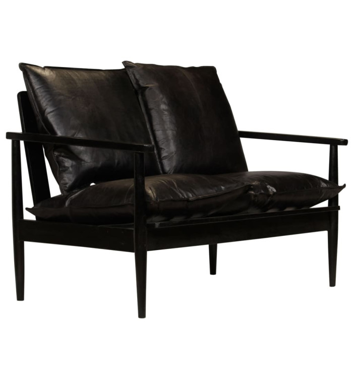 Canapé à 2 places Cuir véritable avec bois d'acacia Noir | Mobilier & Déco