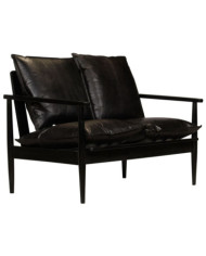 Canapé à 2 places Cuir véritable avec bois d'acacia Noir | Mobilier & Déco